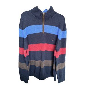 NAUTICA MEN'S NAVY STRIPED QUARTER ZIP COTTON WOOL SWEATER SZ XXL